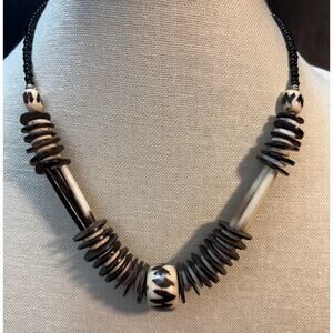 Black & White Tribal Bead Necklace with Bone & Disc Beads
